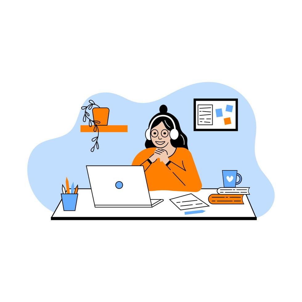 Online education landing page with a girl studying with computer. Girl studying with computer. Vector illustration in flat style