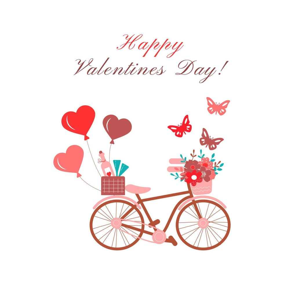 Happy Valentines Day beautiful greeting card with bicycle, baloon, wine, heart. Vector illustration