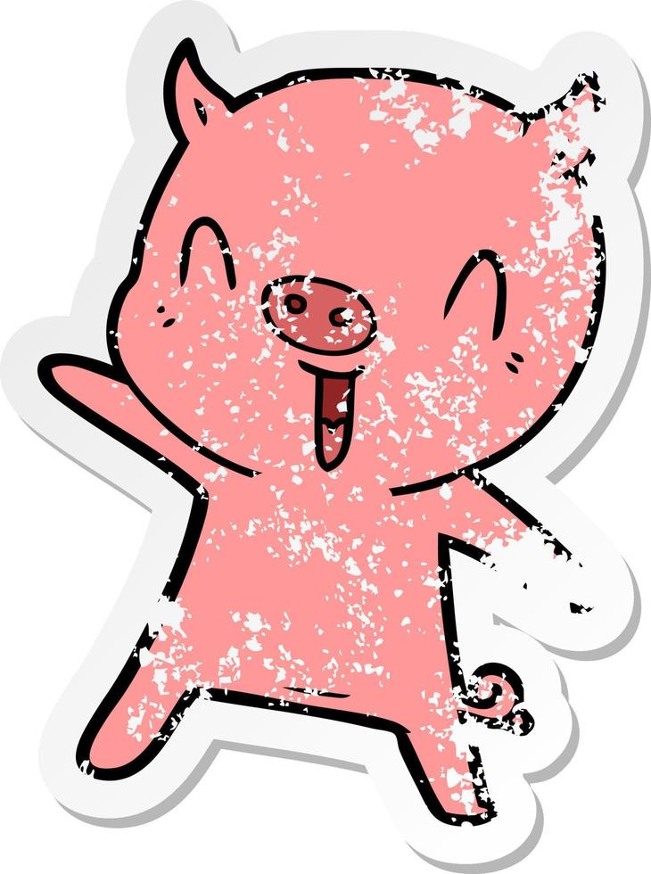 distressed sticker of a cartoon pig dancing vector