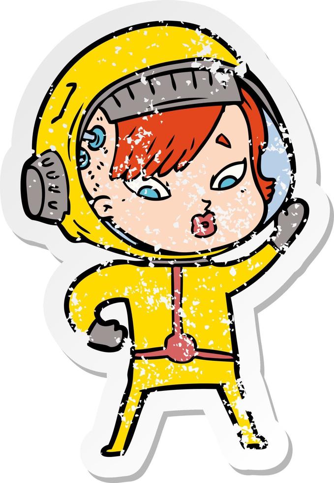 distressed sticker of a cartoon astronaut woman vector