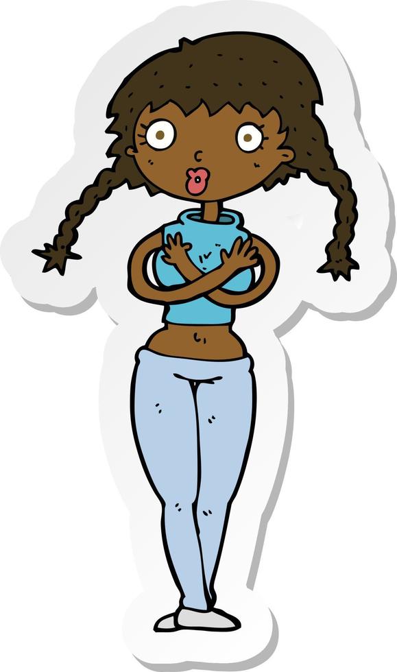 sticker of a cartoon offended woman covering herself vector