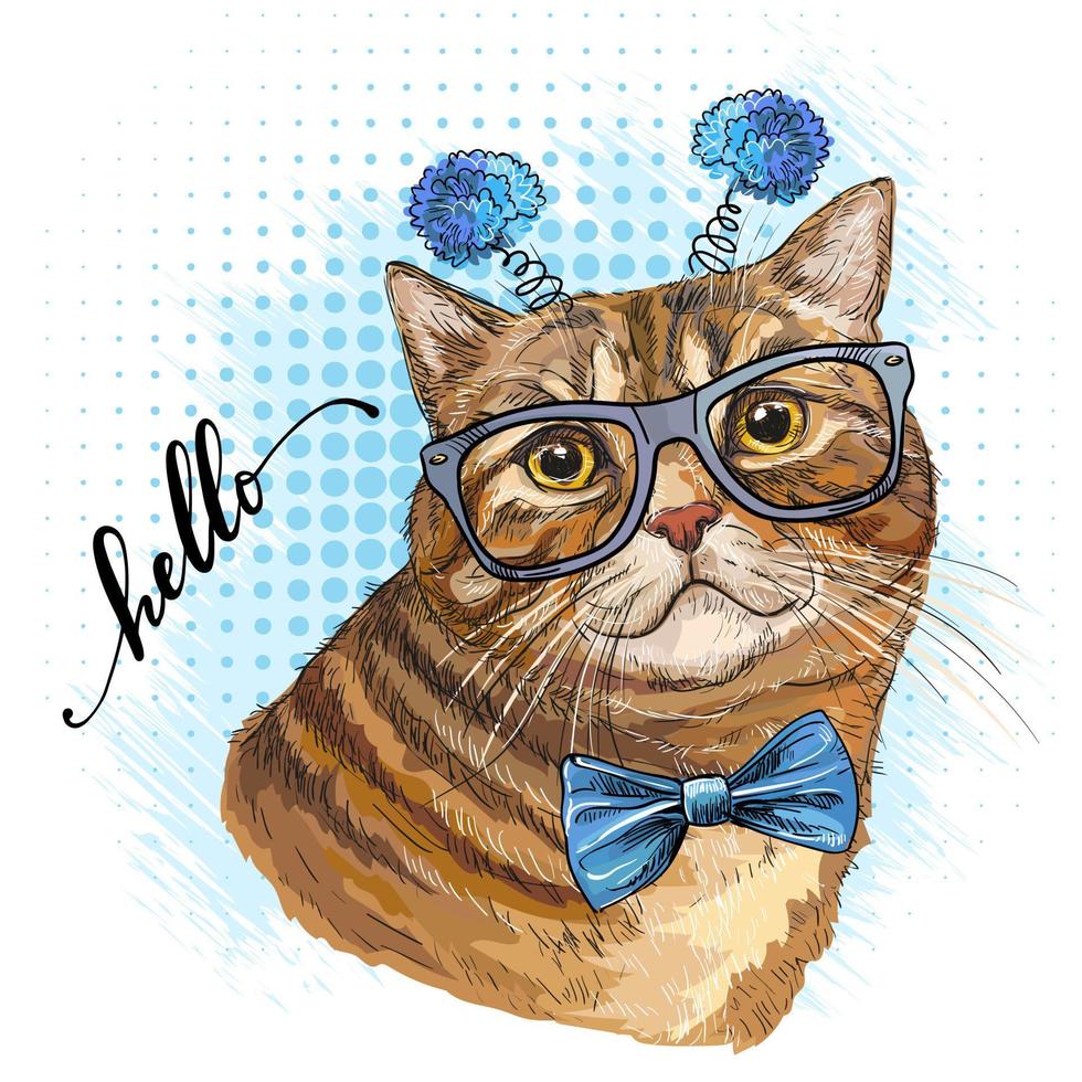 Brittish cat head in glasses vector illustration