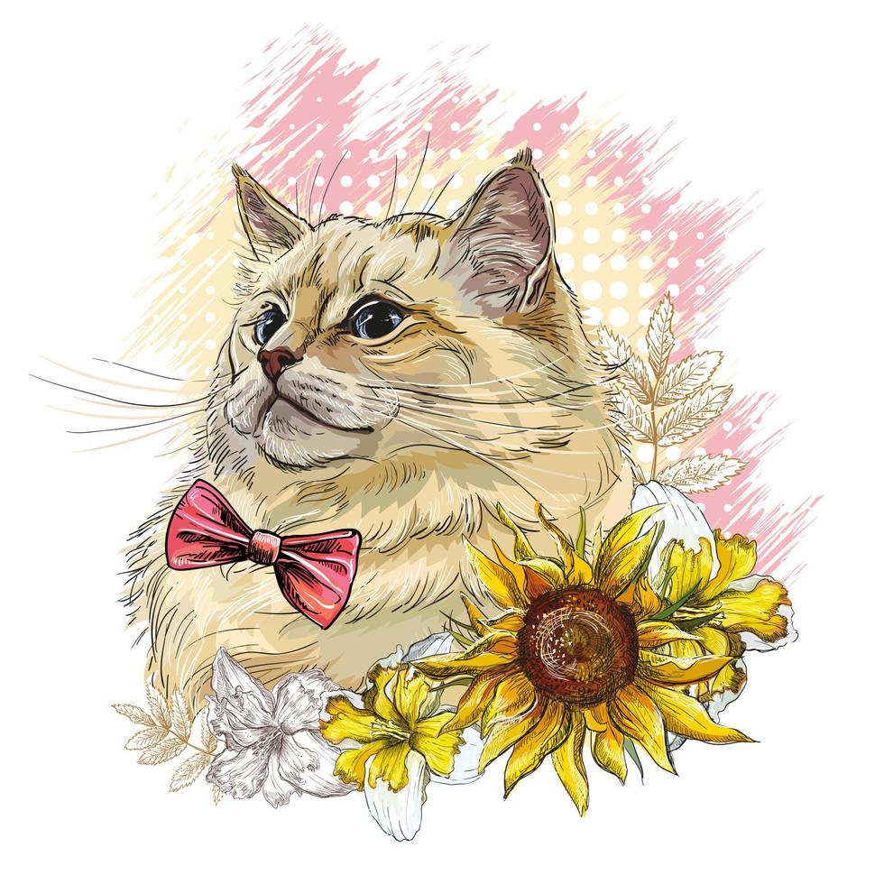 Portrait of a cat and iris flowers vector illustration