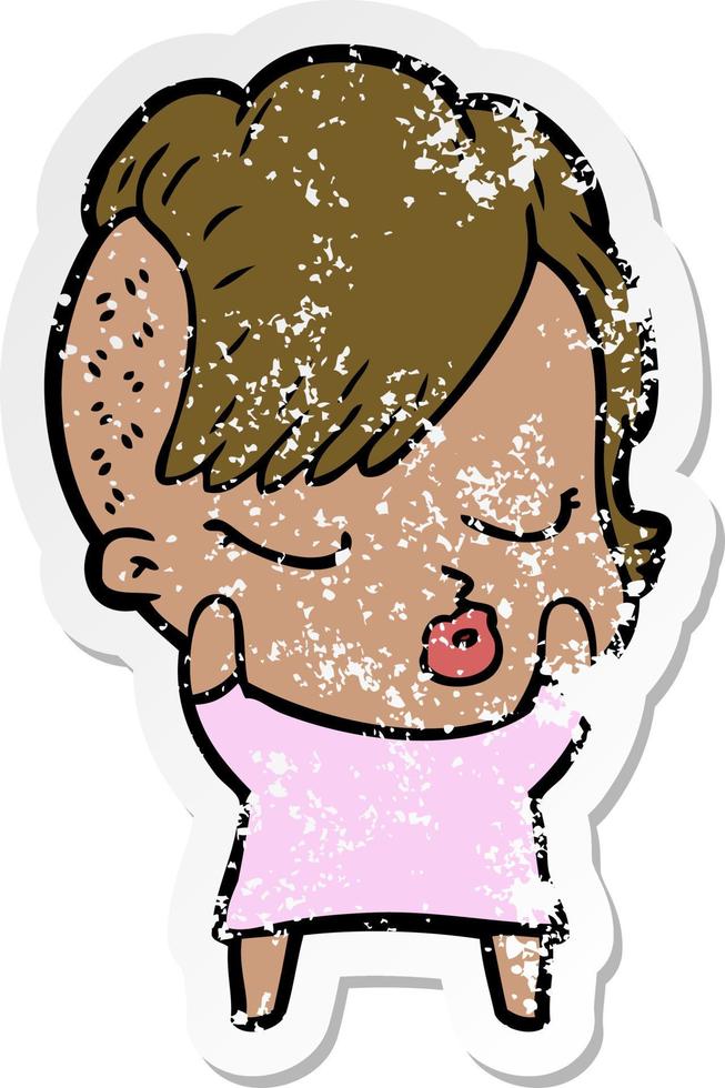 distressed sticker of a cartoon pretty hipster girl vector