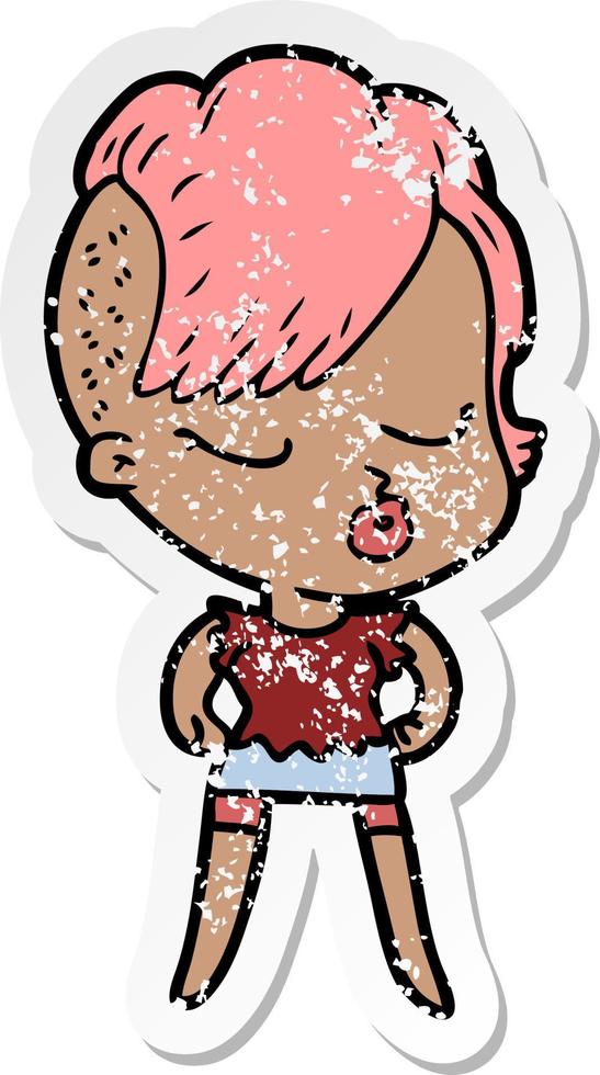 distressed sticker of a cartoon pretty hipster girl vector