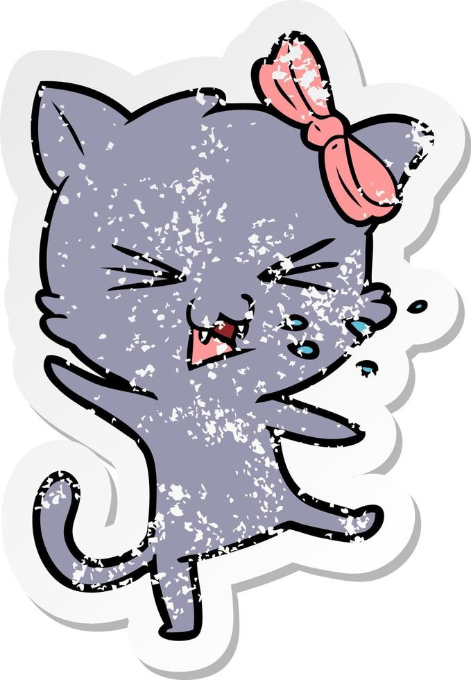 distressed sticker of a cartoon cat vector