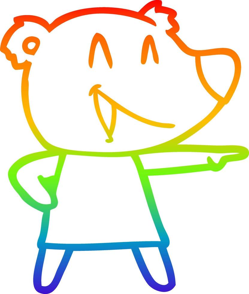 rainbow gradient line drawing cartoon bear in dress laughing and pointing vector
