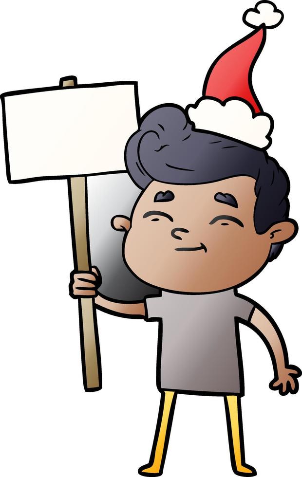 happy gradient cartoon of a man with sign wearing santa hat vector