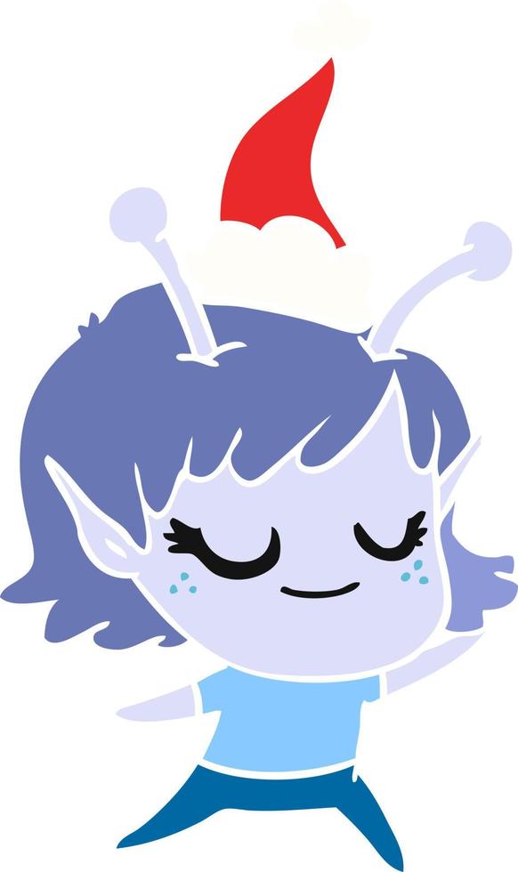 smiling alien girl flat color illustration of a wearing santa hat vector