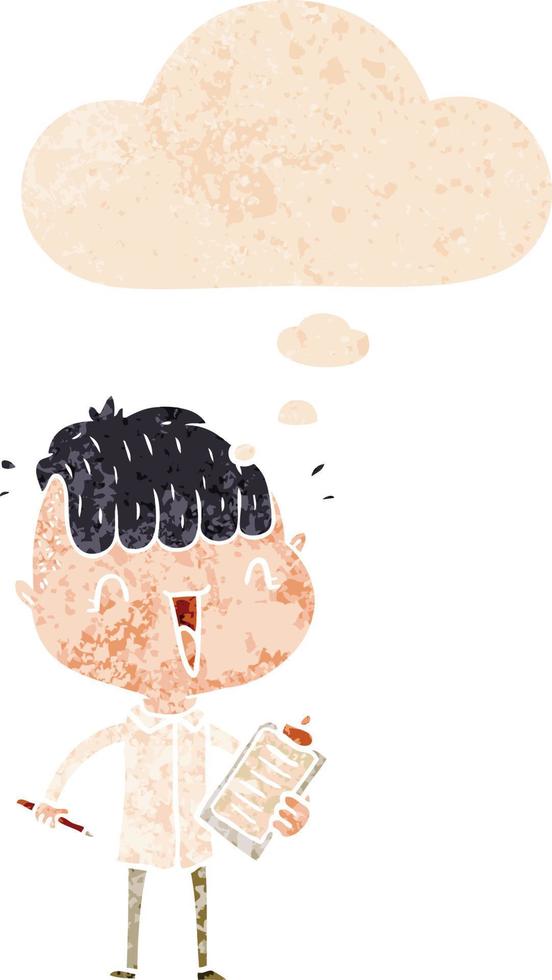 cartoon happy boy surprised and thought bubble in retro textured style vector