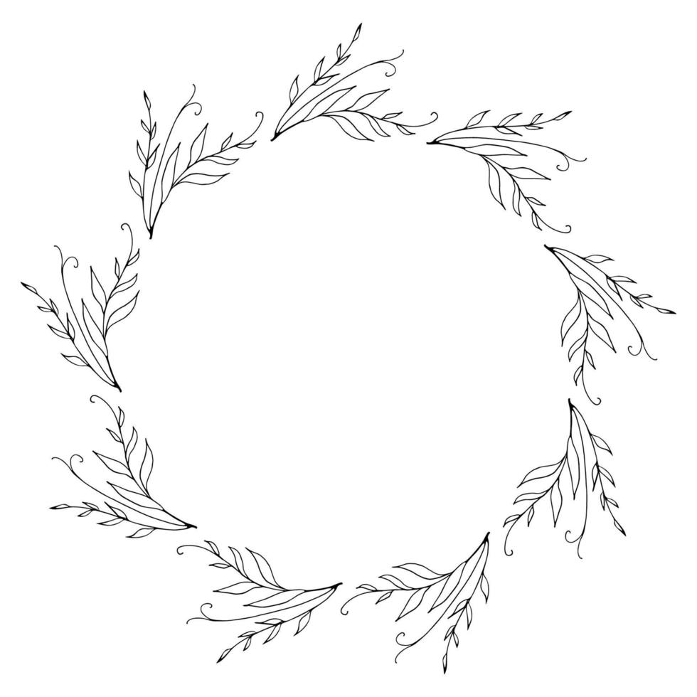 Round Frame Made of Line Drawn Plant Elements. vector
