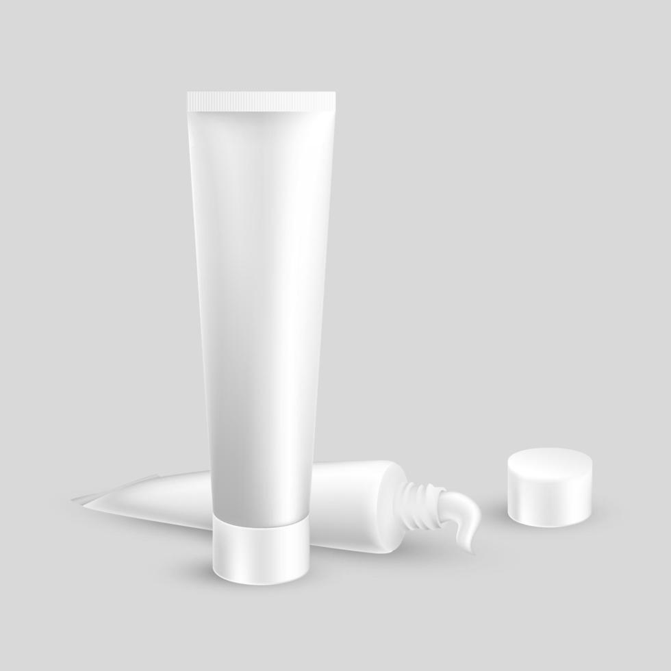 Two realistic tube of cream. Packaging mockup template for cosmetic and medical products. Vector illustration