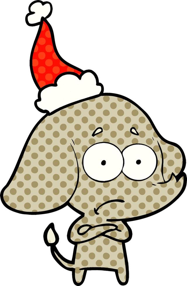comic book style illustration of a unsure elephant wearing santa hat vector