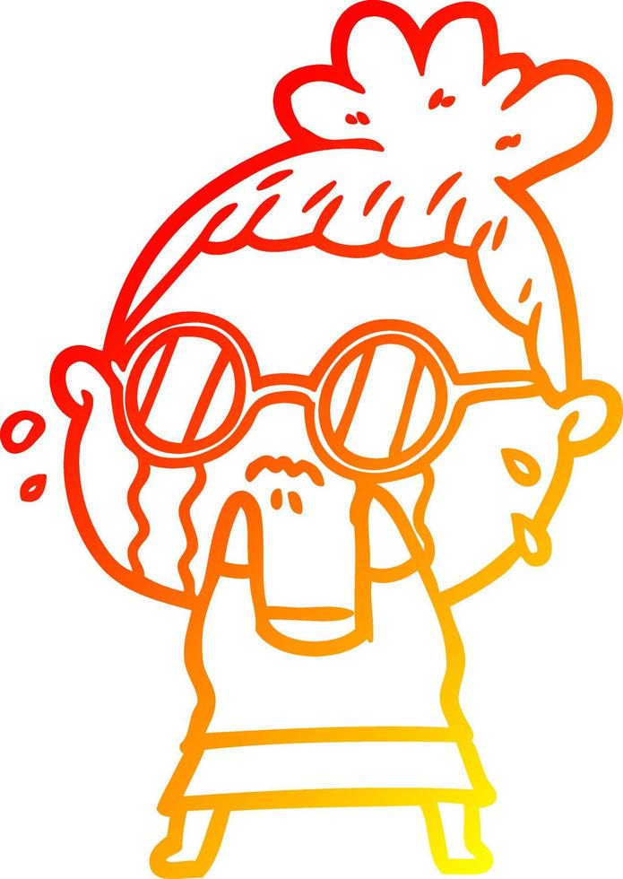 dibujo de línea de gradiente cálido mujer llorando de dibujos animados con gafas de sol vector