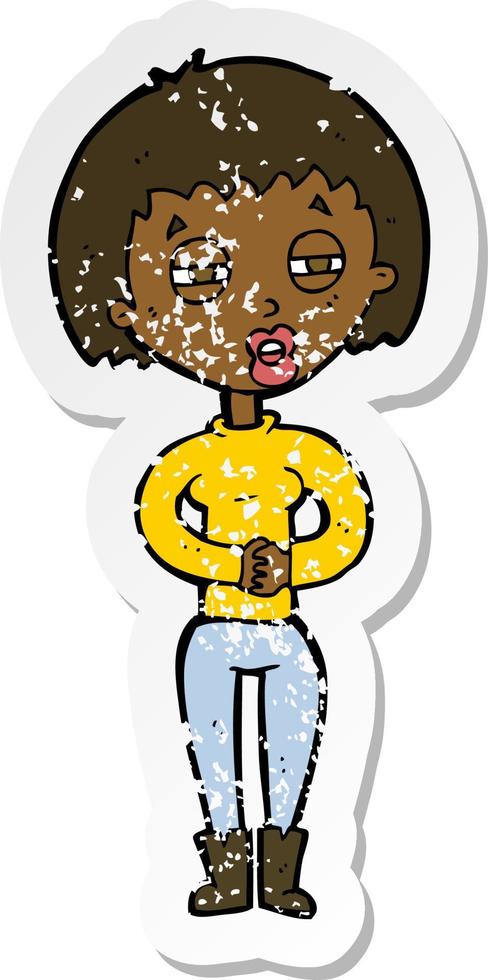 retro distressed sticker of a cartoon tired woman vector