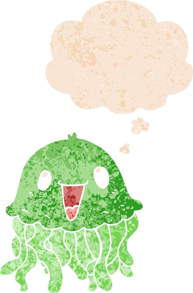 cartoon jellyfish and thought bubble in retro textured style vector