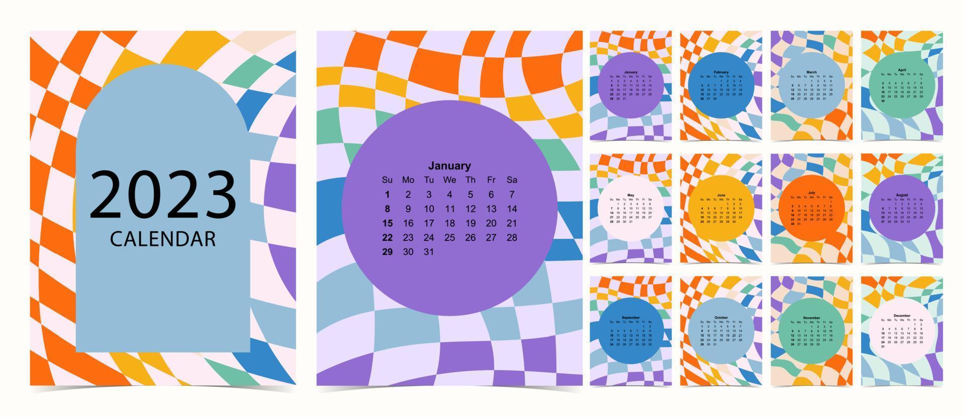 2023 table calendar week start on Sunday with groovy and rainbow that use for vertical digital and printable A4 A5 size vector
