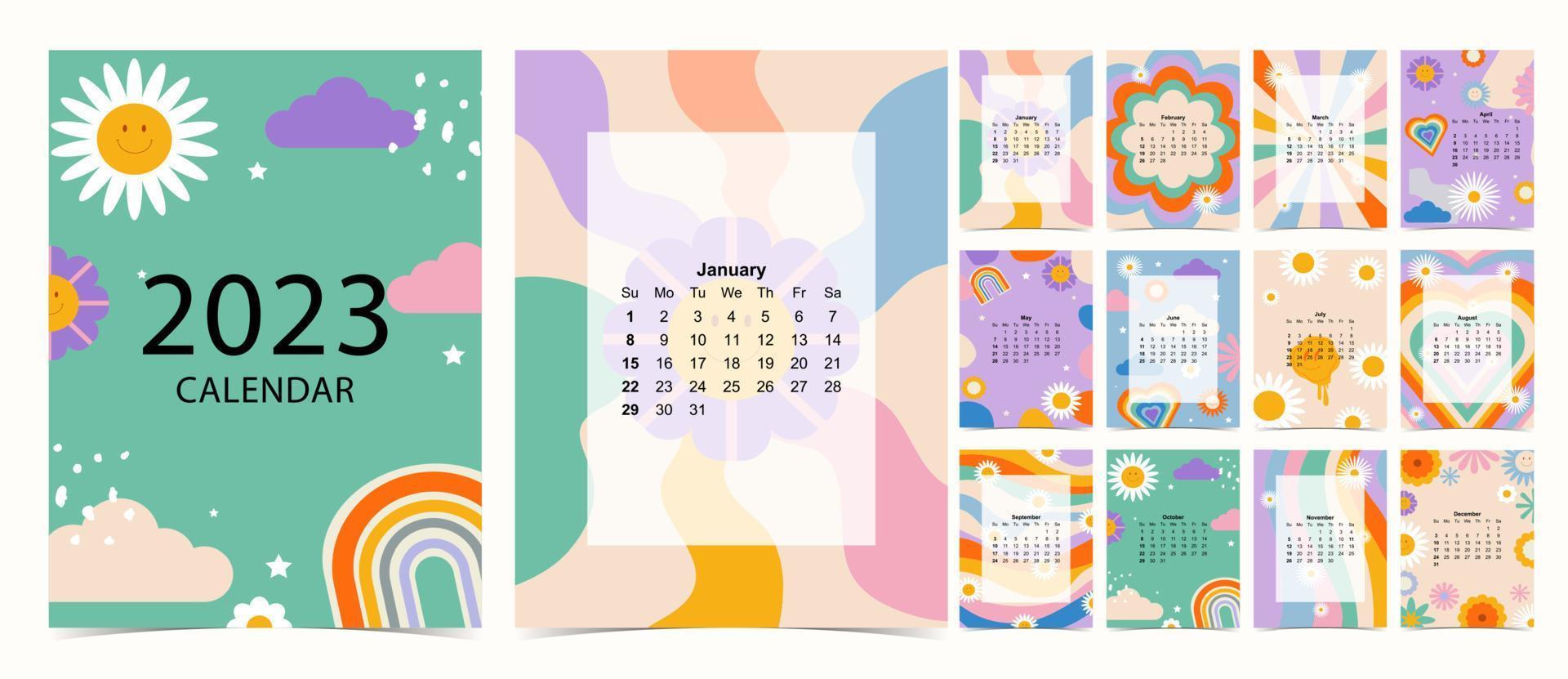 2023 table calendar week start on Sunday with groovy and flower that use for vertical digital and printable A4 A5 size vector