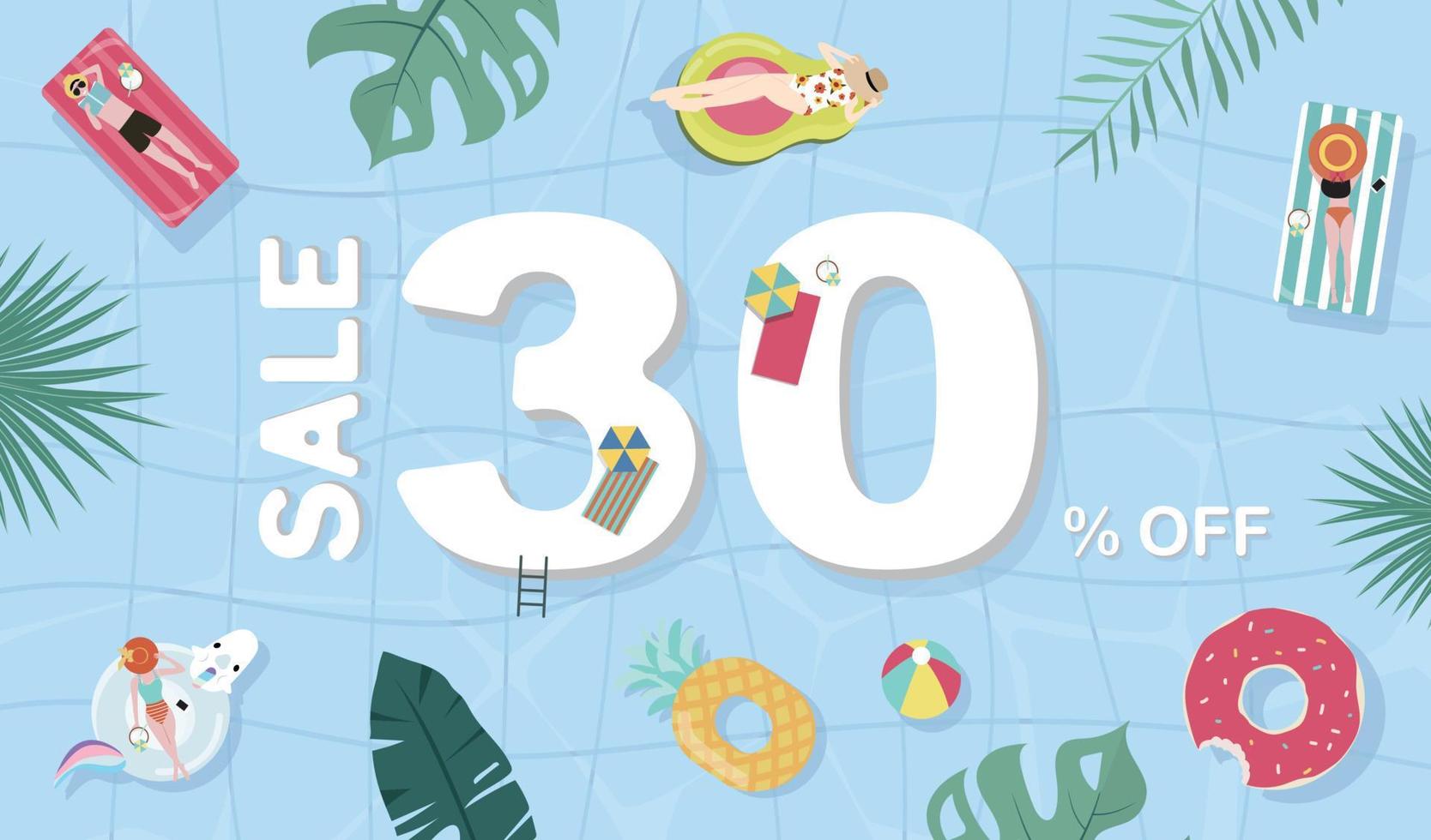 Summer sale background with tiny people,umbrellas, ball,float  in the top view pool.Vector summer banner vector