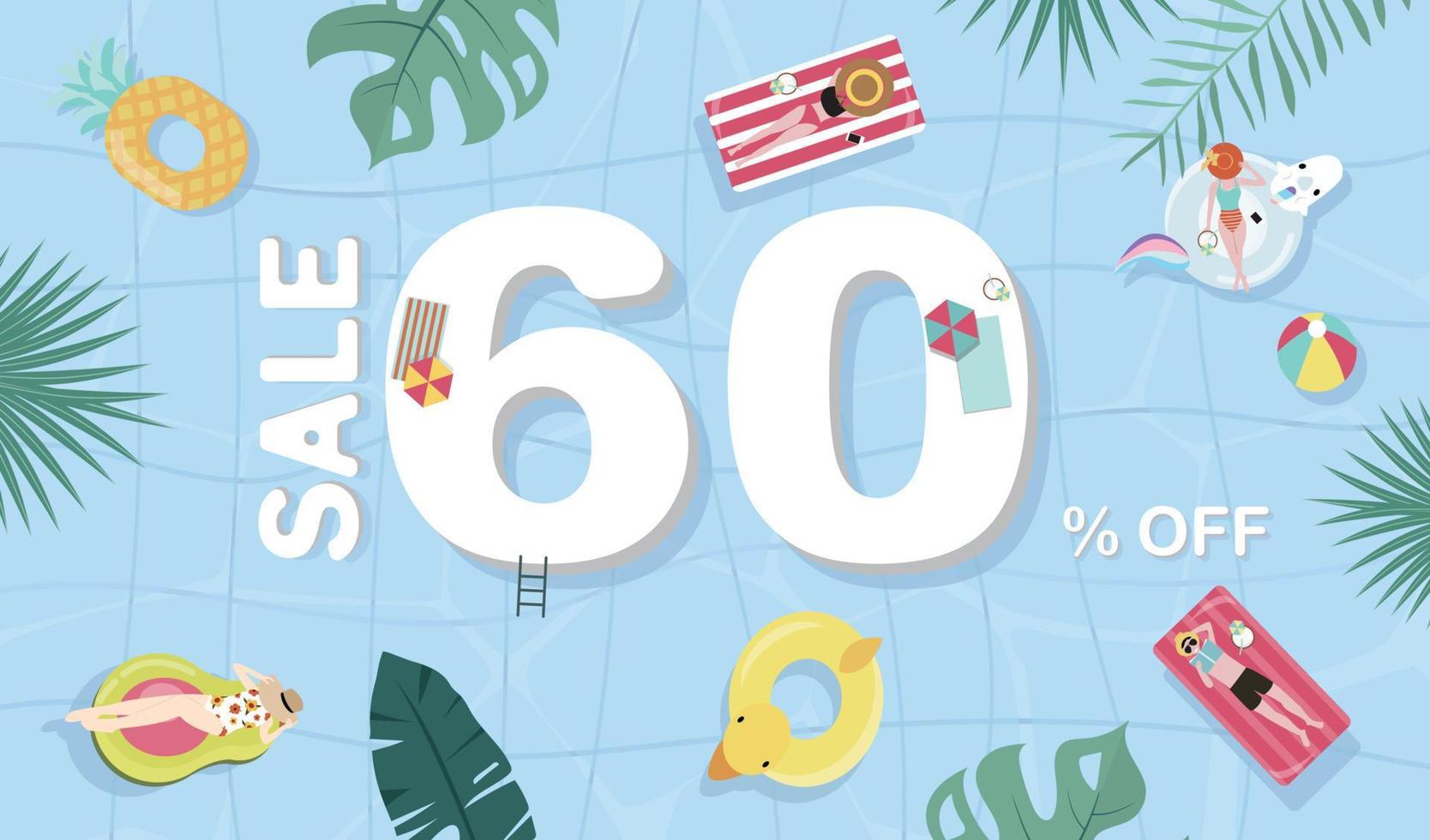 Summer sale background with tiny people,umbrellas, ball,float  in the top view pool.Vector summer banner vector