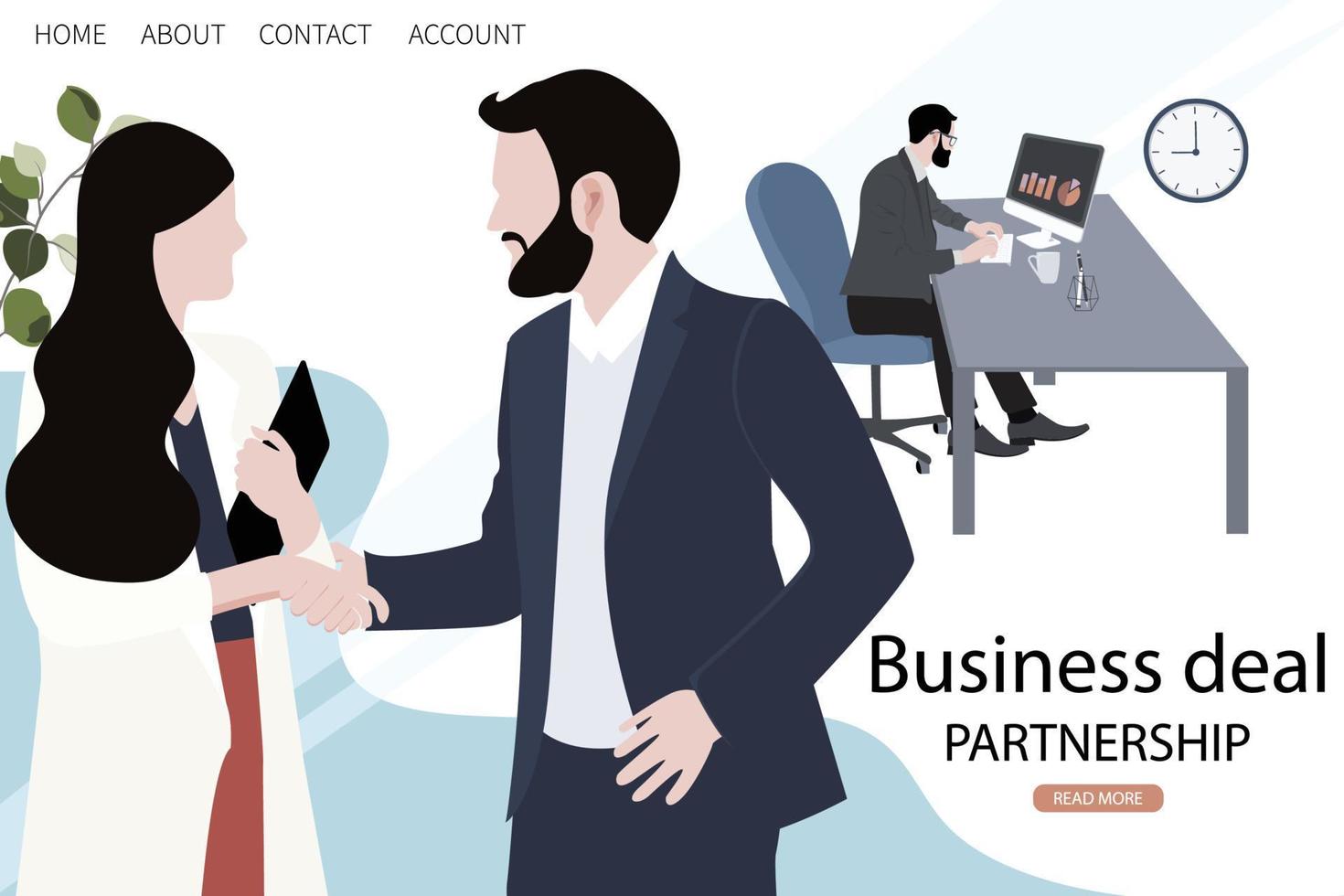 Business deal web page template with computer and colleague modern concept for website,mobile and development vector
