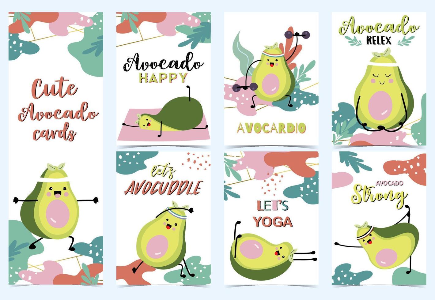 Collection of green avocado cards set with leaf,avocado exercise. Let's avocuddle vector