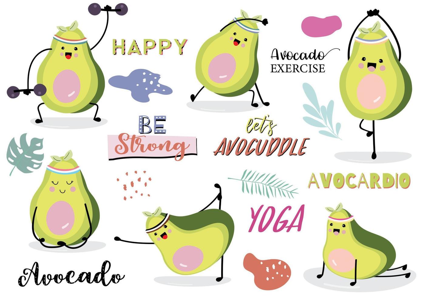 Collection of green avocado card set with leaf,avocado exercise. Let's avocuddle vector