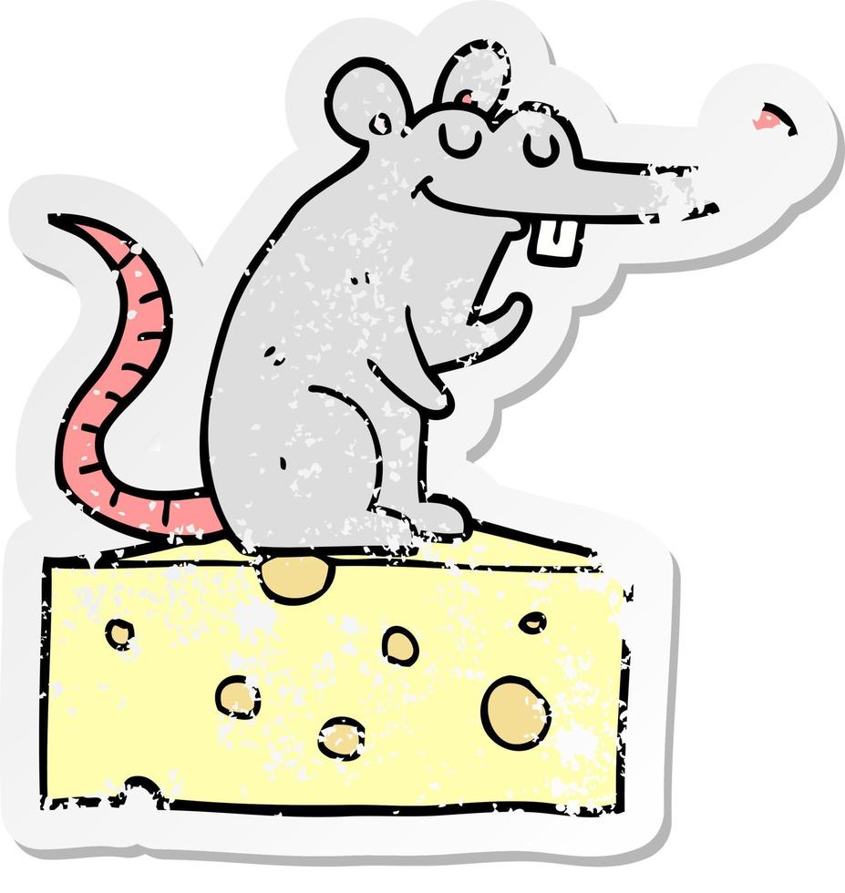 distressed sticker of a cartoon mouse sitting on cheese vector