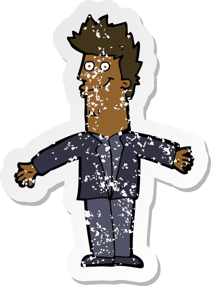 retro distressed sticker of a cartoon happy man with open arms vector