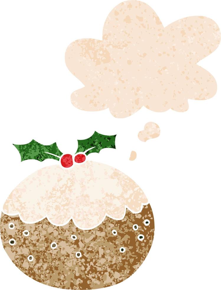 cartoon christmas pudding and thought bubble in retro textured style vector