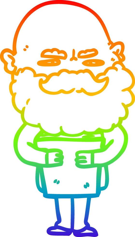 dibujo de línea de gradiente de arco iris hombre de dibujos animados con barba frunciendo el ceño vector