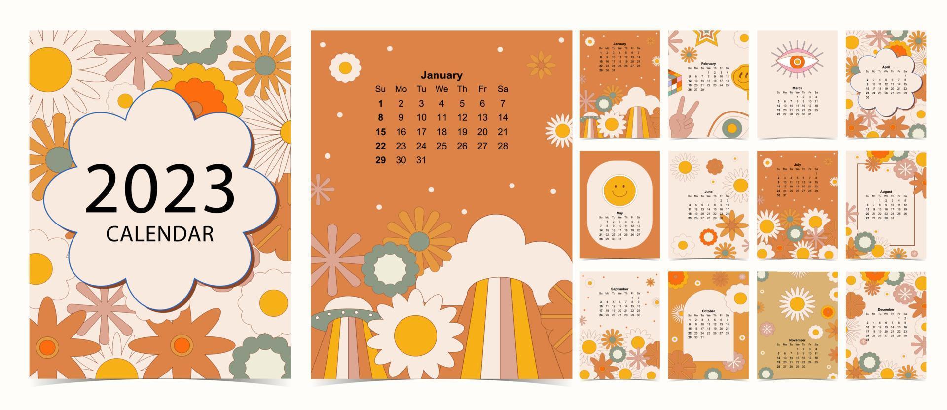 La semana del calendario de mesa 2023 comienza el domingo con Groovy y Flower que se usan para tamaño a4 a5 digital e imprimible vertical vector