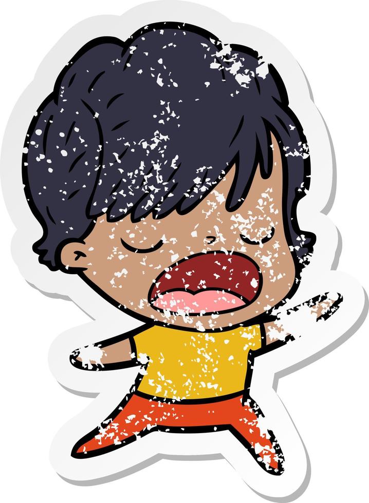 distressed sticker of a cartoon woman talking vector