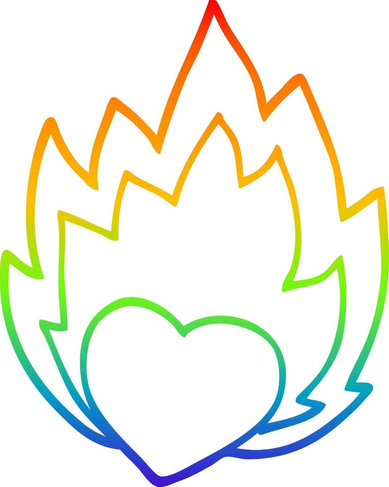 rainbow gradient line drawing cartoon flaming heart vector