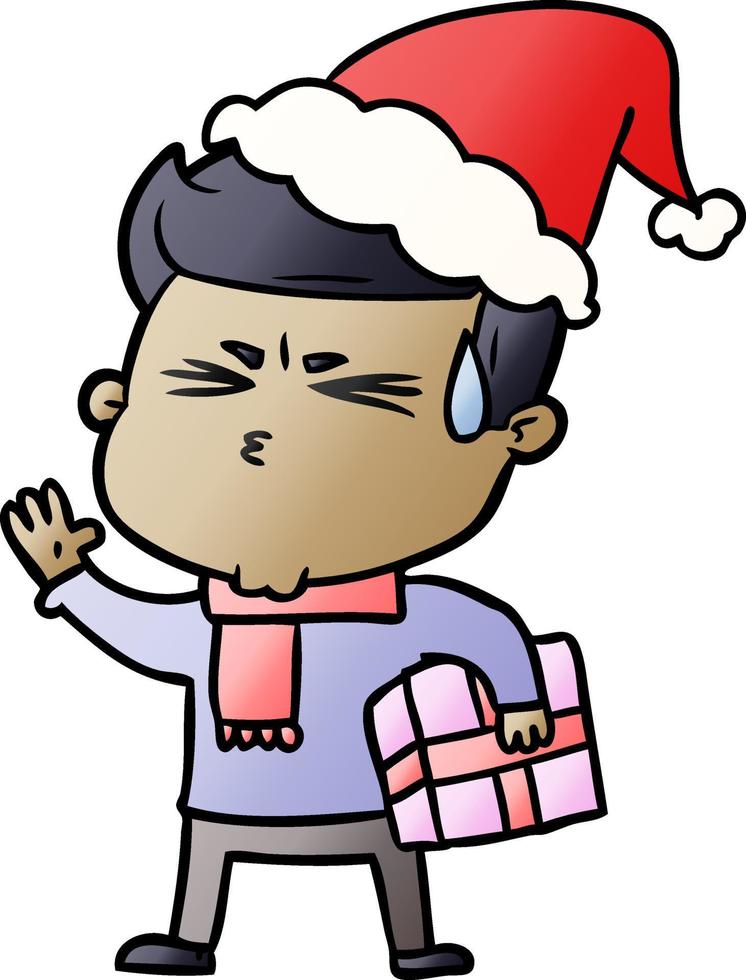 gradient cartoon of a man sweating wearing santa hat vector