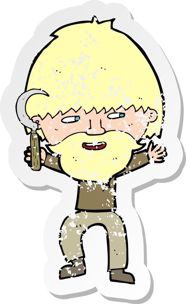 retro distressed sticker of a cartoon peasant with sycle vector