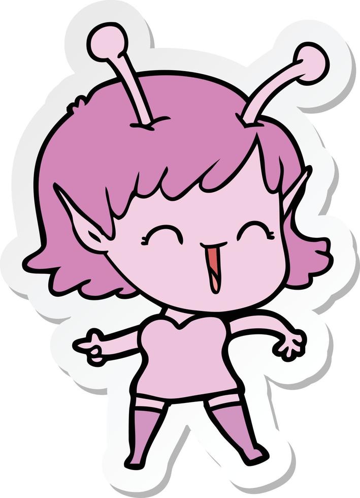 sticker of a cartoon alien girl laughing vector