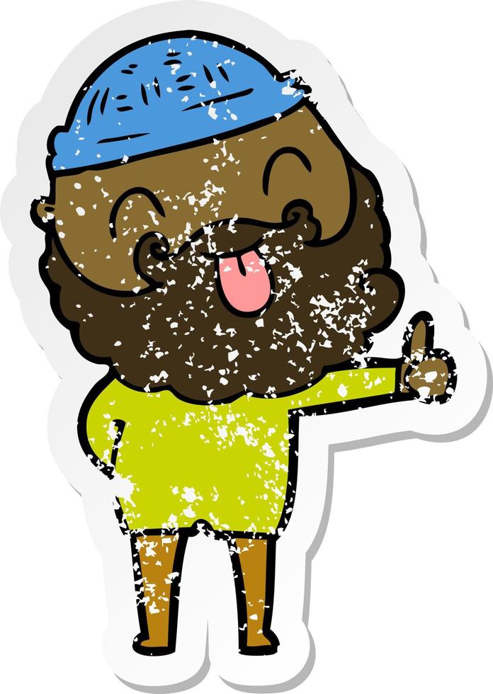 distressed sticker of a man with beard sticking out tongue vector