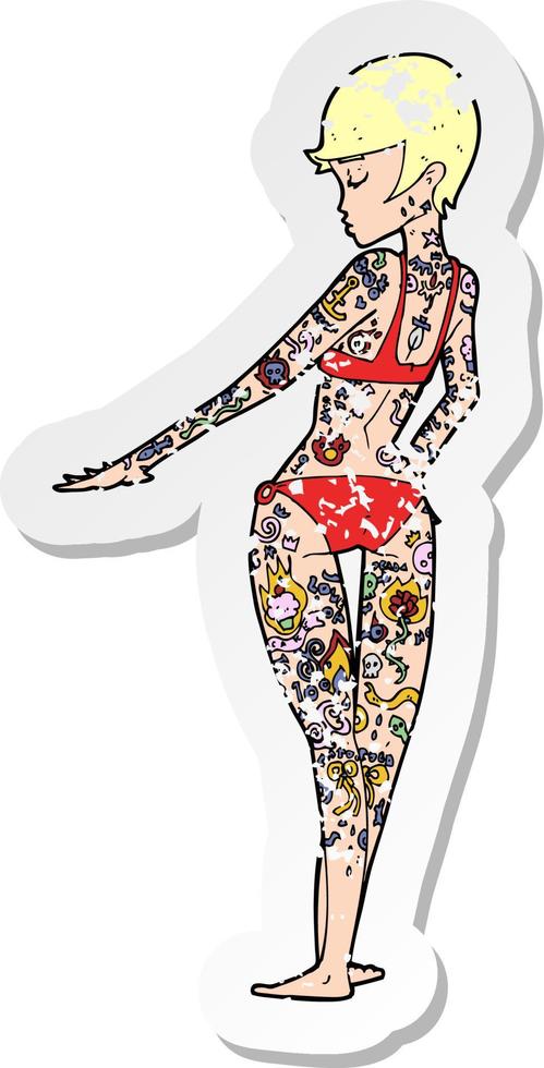 retro distressed sticker of a cartoon bikini girl covered in tattoos vector