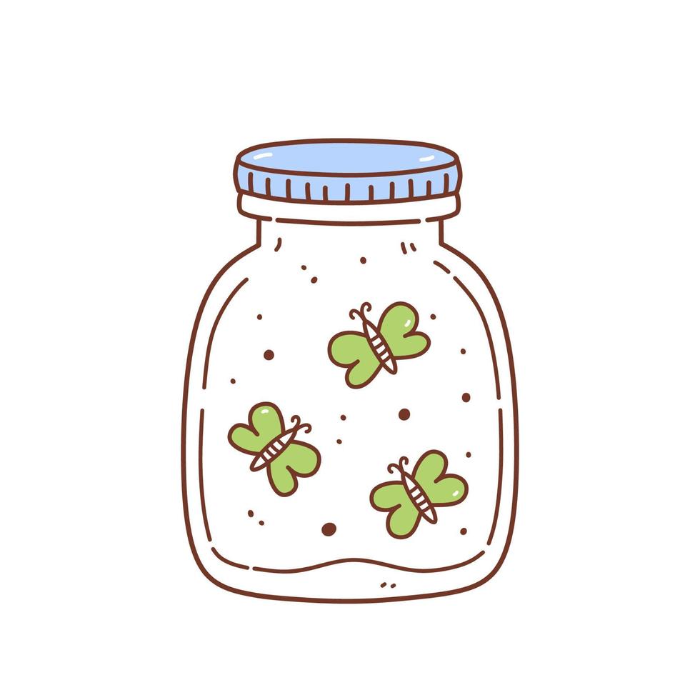 Cute glass glass jar with butterflies isolated on white background. Vector hand-drawn illustration in doodle style. Perfect for cards, decorations, logo.