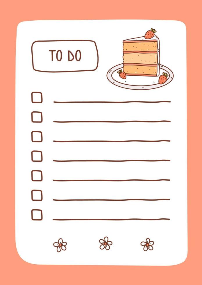 To do list template decorated by strawberry cake. Cute design of schedule, daily planner or checklist. Vector hand-drawn illustration. Perfect for planning, notes and self-organization.