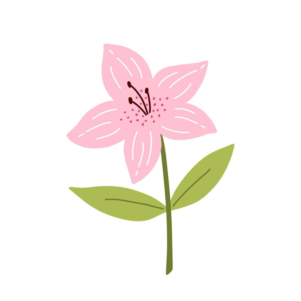 Linda flor de azalea con hojas aisladas sobre fondo blanco. ilustración vectorial en estilo plano dibujado a mano. perfecto para tarjetas, logotipos, decoraciones, diseños de primavera y verano. imágenes prediseñadas botánicas. vector