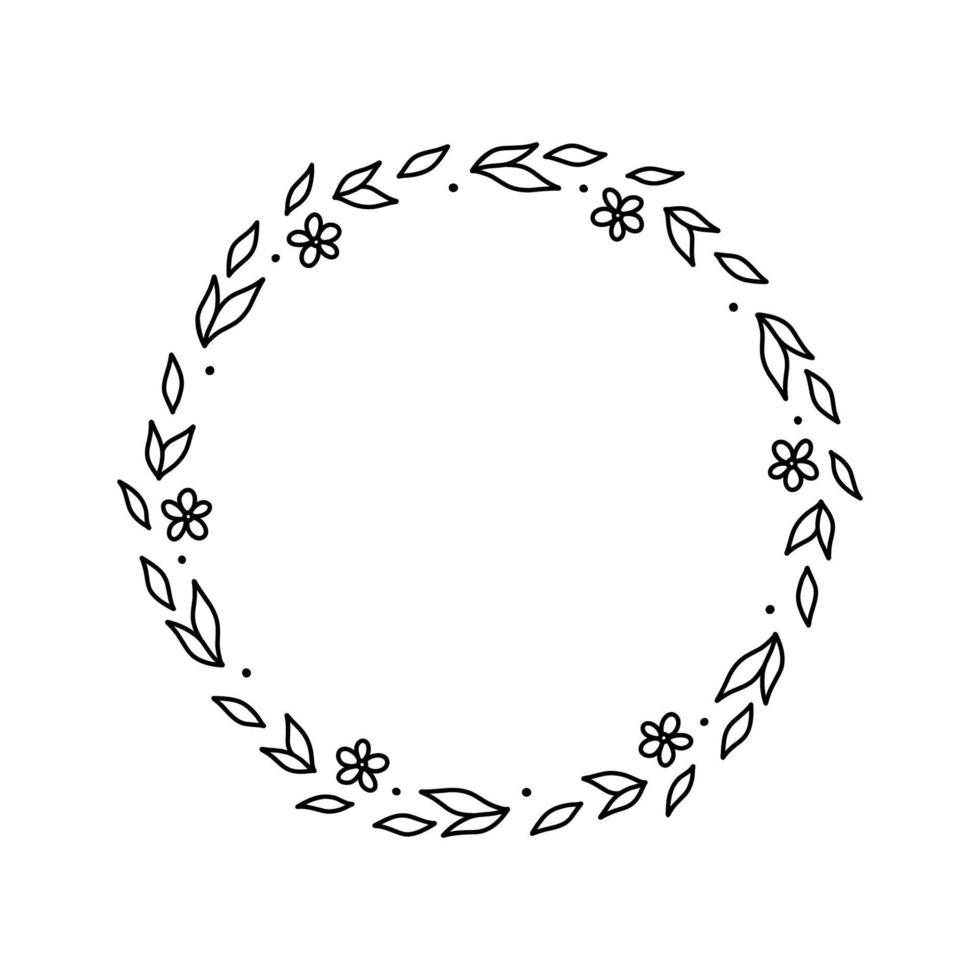 Spring floral wreath isolated on white background. Round frame with flowers. Vector hand-drawn illustration in doodle style. Perfect for cards, invitations, decorations, logo, various designs.