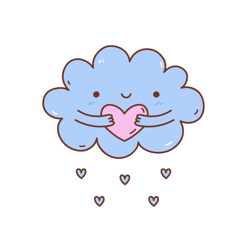 Linda nube abrazando un corazón aislado sobre fondo blanco. ilustración vectorial dibujada a mano en estilo kawaii. perfecto para tarjetas, impresión, camiseta, afiche, decoración de guardería, logotipo. personaje animado. vector