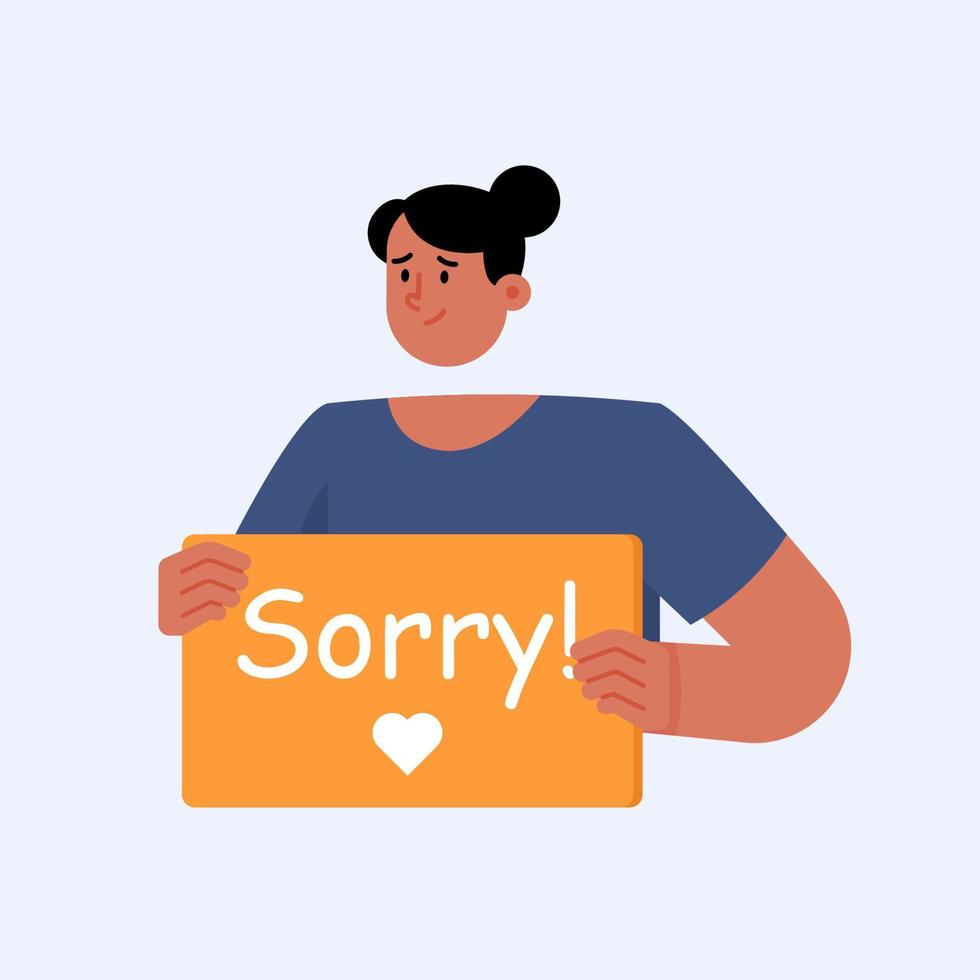 Young woman holding board with sorry word vector