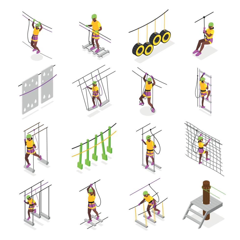 People In Rope Park Isometric Set vector