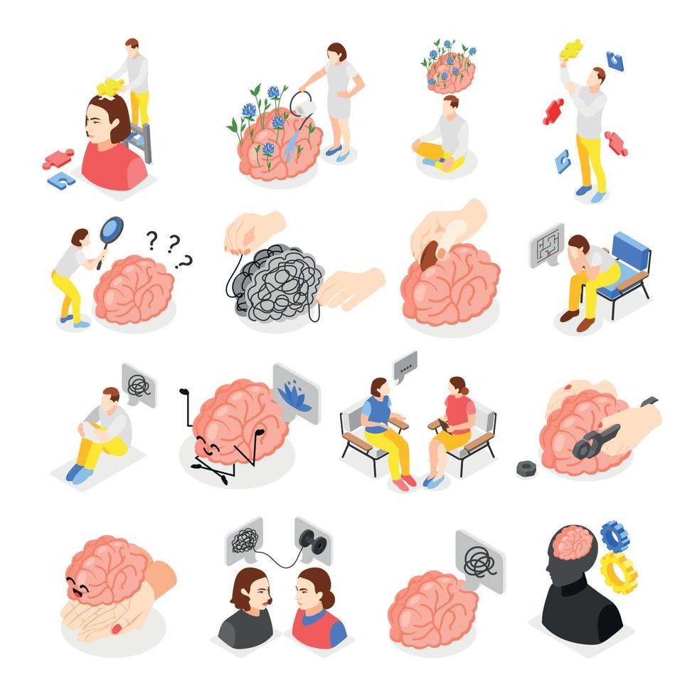 Mental Health Isometric Icons Set vector