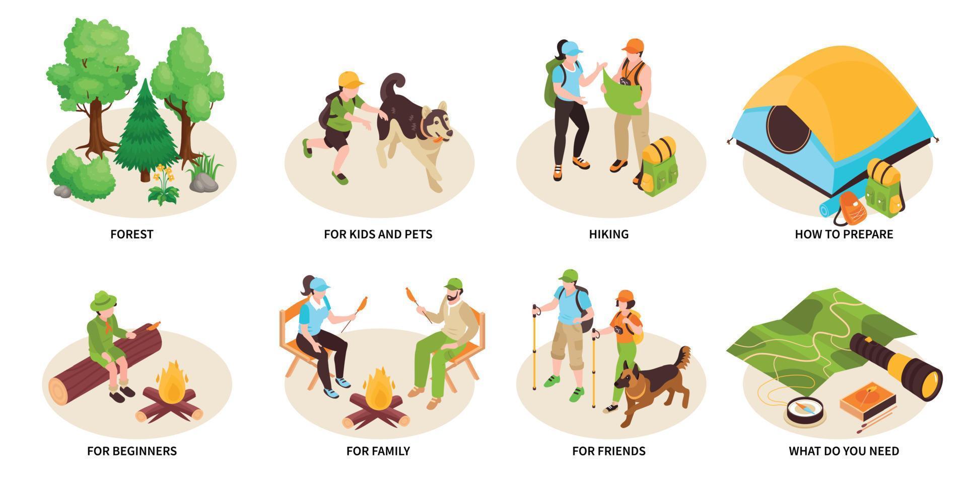 Isometric Hiking Camping Compositions vector