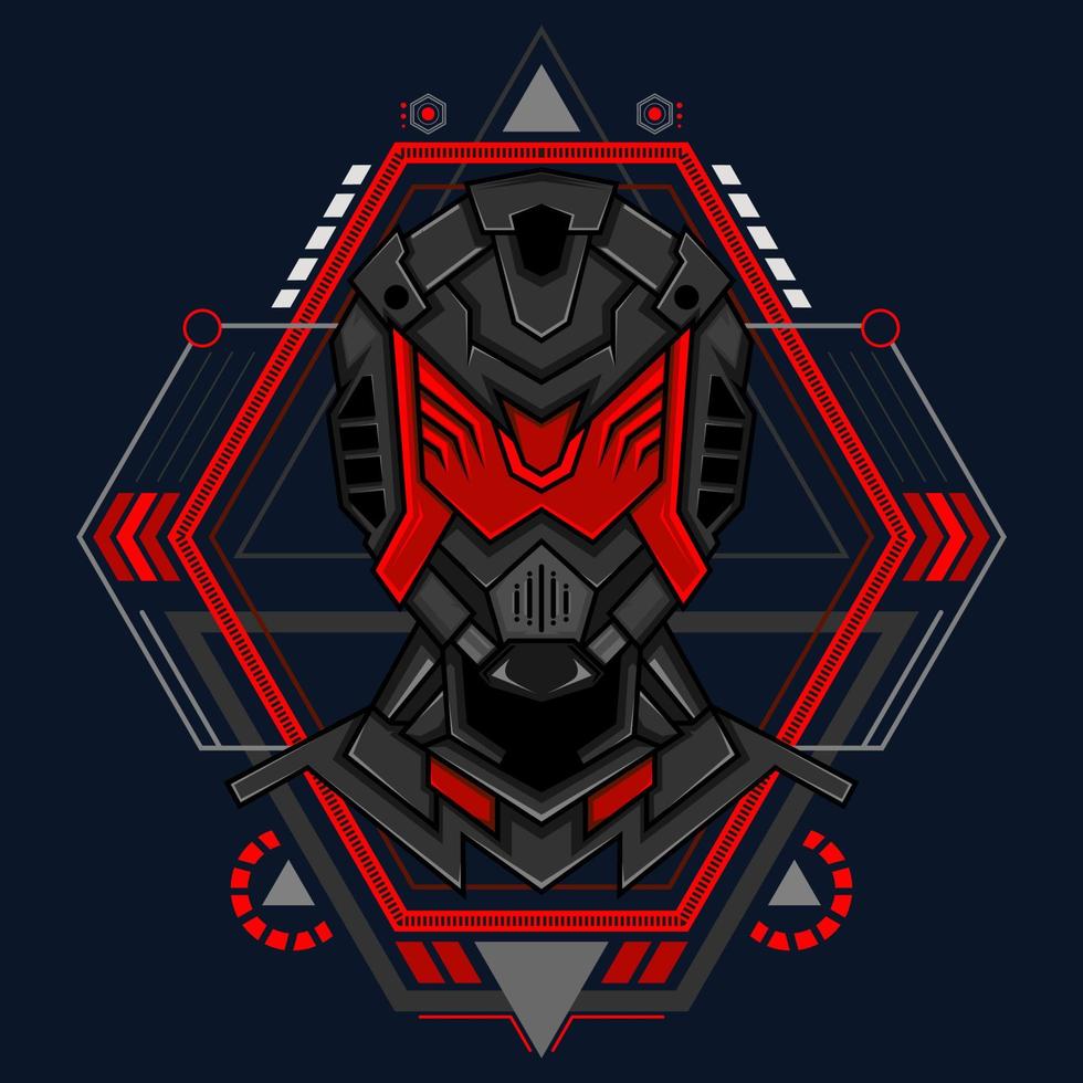 Illustration vector graphic of cyborg robot knight in the sacred geometry ornaments background, Perfect for T-Shirt Design, Sticker, Poster, Merchandise and E-sport logo