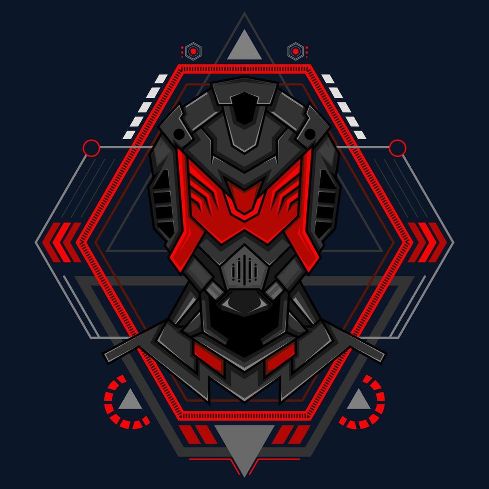 Illustration vector graphic of cyborg robot knight in the sacred geometry ornaments background, Perfect for T-Shirt Design, Sticker, Poster, Merchandise and E-sport logo